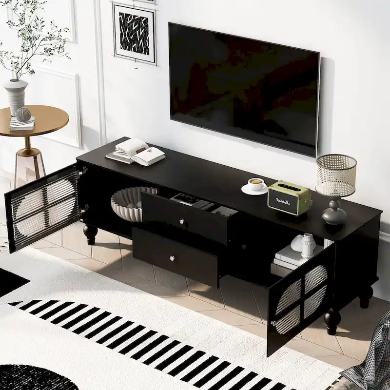 Modern Minimalist TV Stand with 2 Storage Cabinets, 2 Drawers and Cable Management for Living Room Bedroom