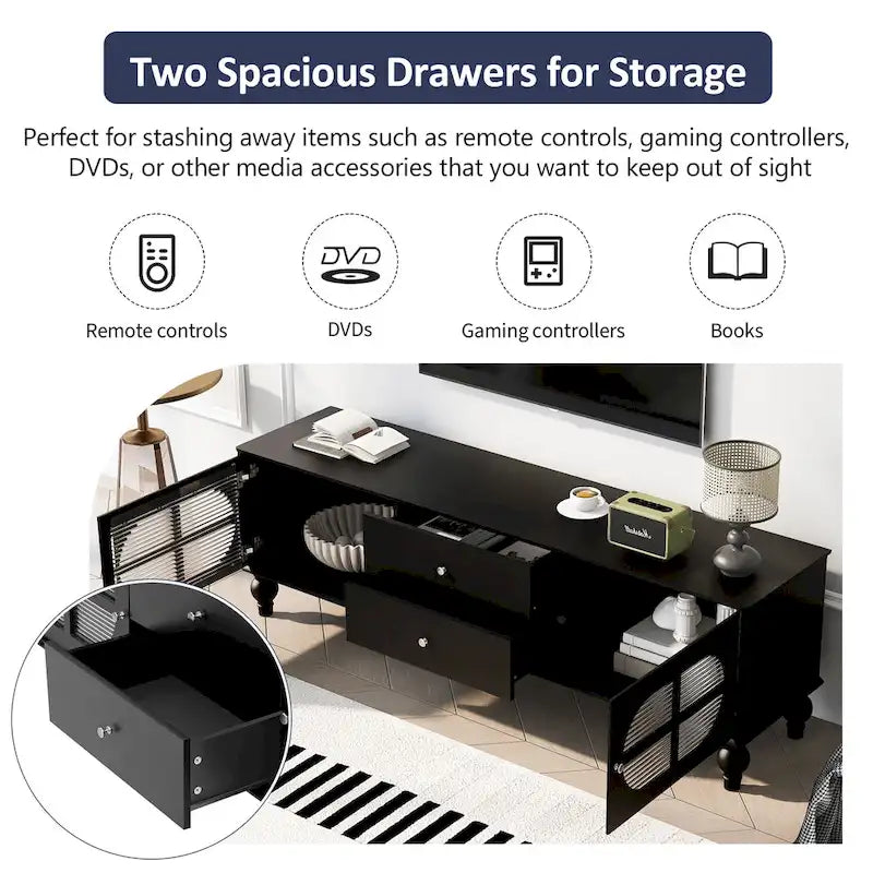 Modern Minimalist TV Stand with 2 Storage Cabinets, 2 Drawers and Cable Management for Living Room Bedroom