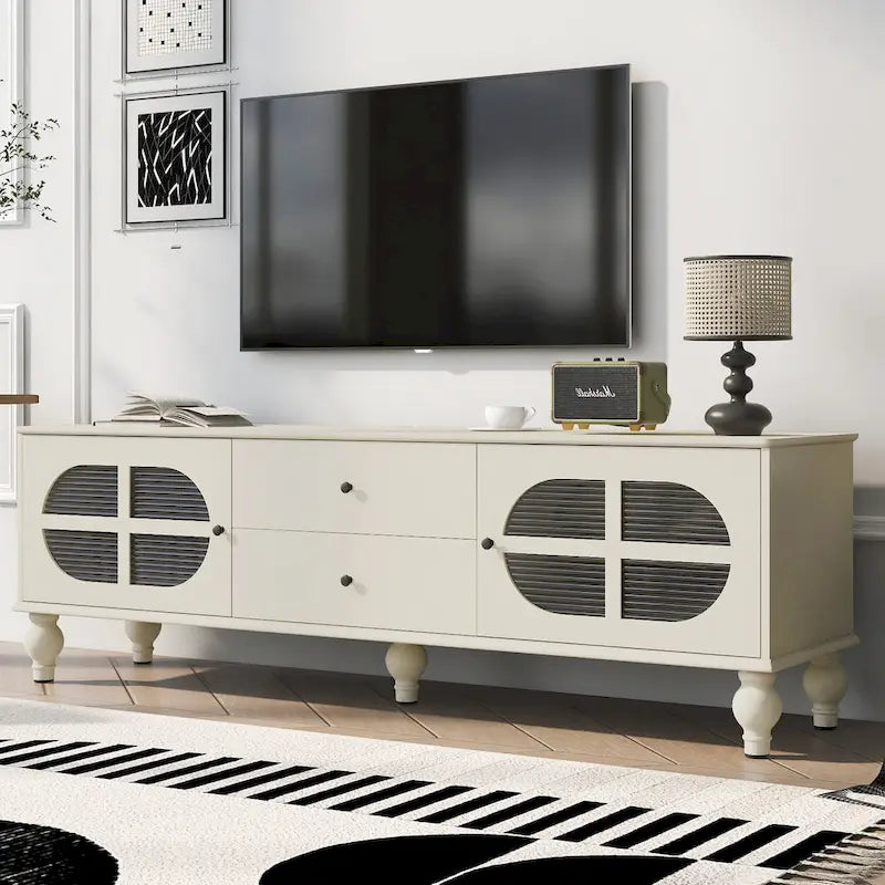 Modern Minimalist TV Stand with 2 Storage Cabinets, 2 Drawers and Cable Management for Living Room Bedroom