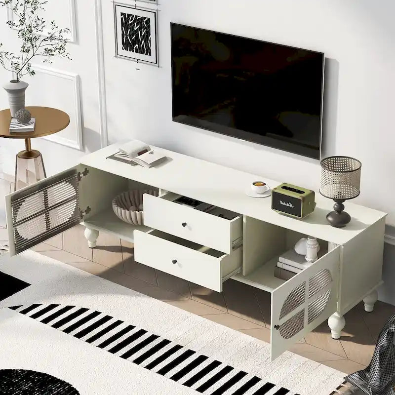 Modern Minimalist TV Stand with 2 Storage Cabinets, 2 Drawers and Cable Management for Living Room Bedroom