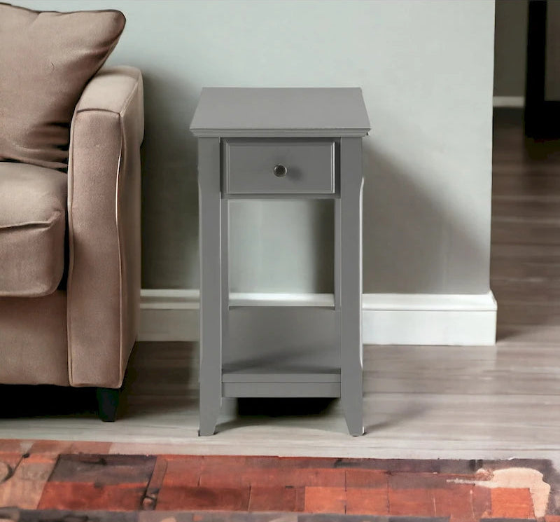 Space Saving Rectangular 23 Inch Wooden Side End Table with Two Storage Shelves and One Drawer for Living Room