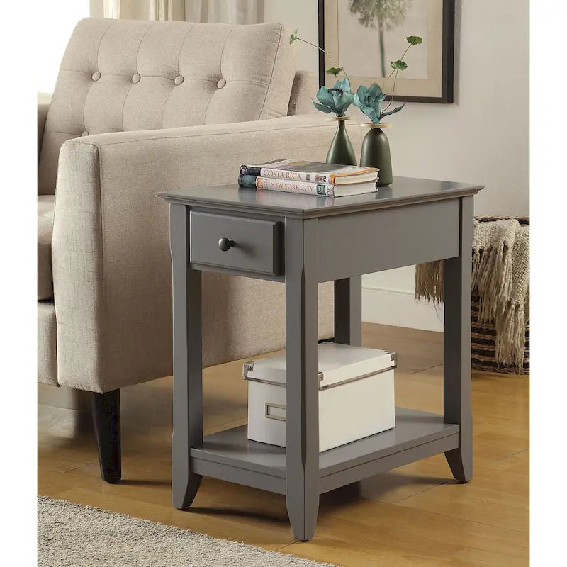 Space Saving Rectangular 23 Inch Wooden Side End Table with Two Storage Shelves and One Drawer for Living Room