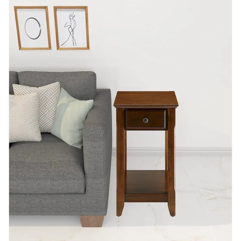Space Saving Rectangular 23 Inch Wooden Side End Table with Two Storage Shelves and One Drawer for Living Room