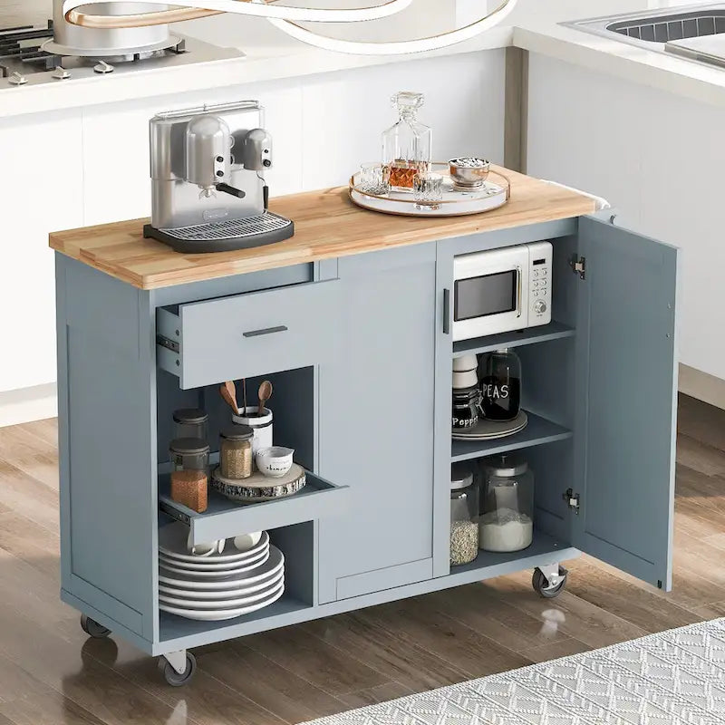 Kitchen Island with Foldable Counter Top, Storage Cart with Slide-Out Shelf, Towel Rack and Drawer, Rolling Wheels