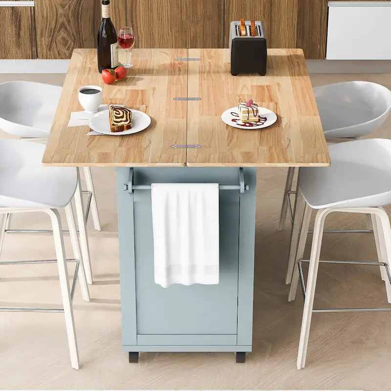 Kitchen Island with Foldable Counter Top, Storage Cart with Slide-Out Shelf, Towel Rack and Drawer, Rolling Wheels