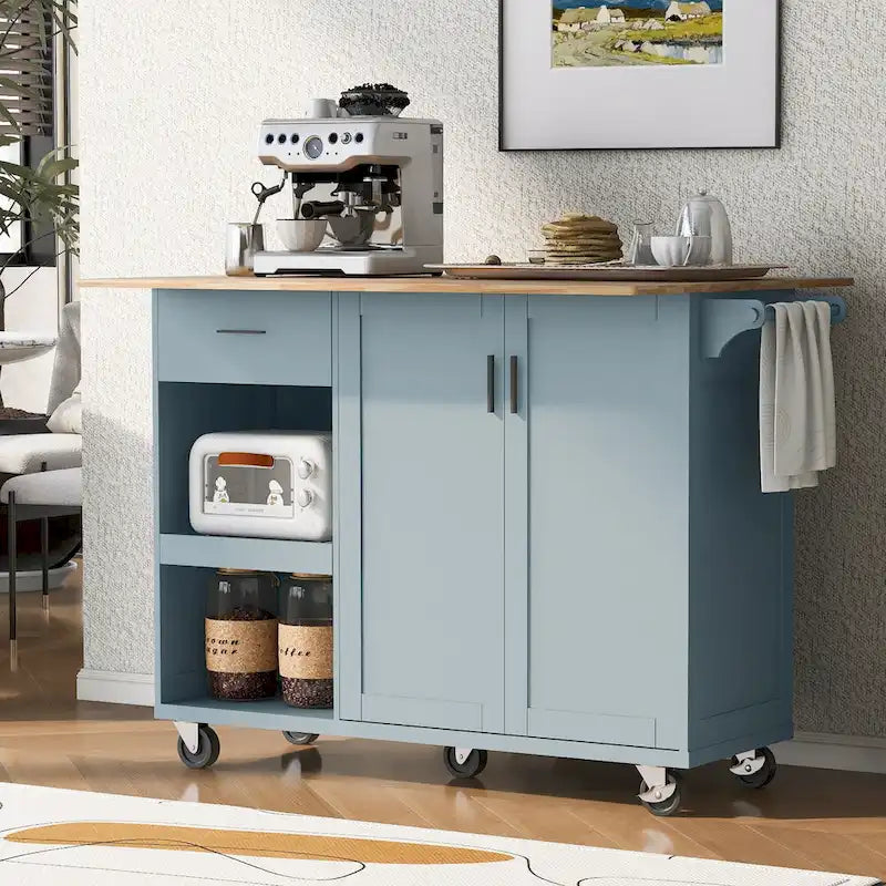 Kitchen Island with Foldable Counter Top, Storage Cart with Slide-Out Shelf, Towel Rack and Drawer, Rolling Wheels