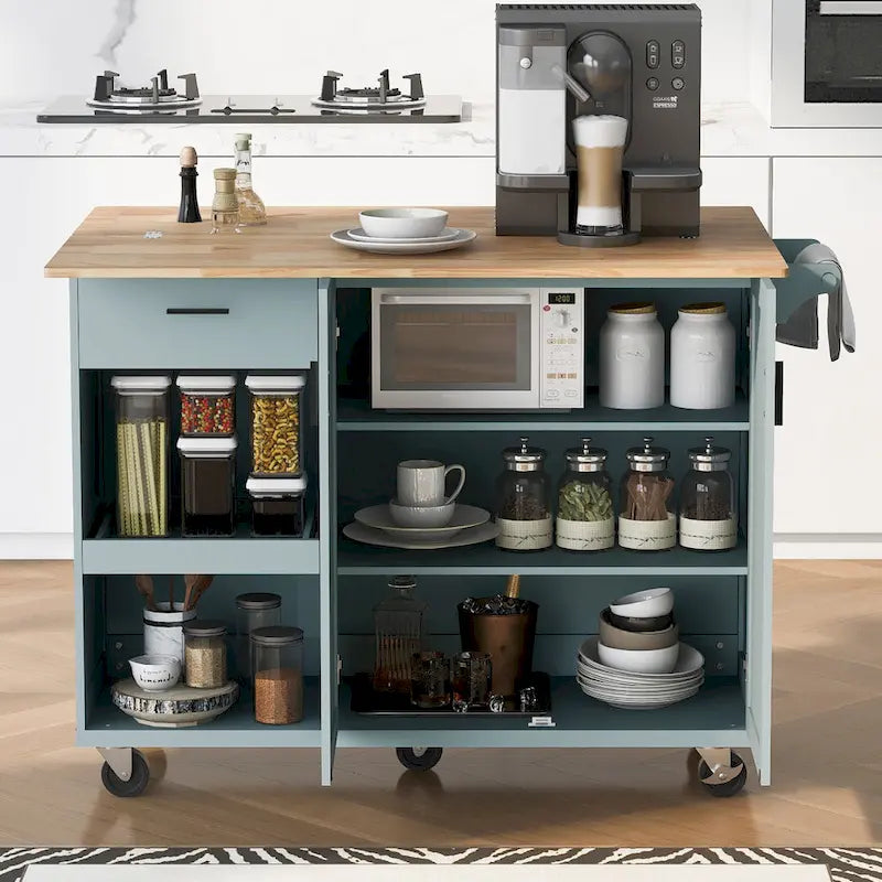 Kitchen Island with Foldable Counter Top, Storage Cart with Slide-Out Shelf, Towel Rack and Drawer, Rolling Wheels