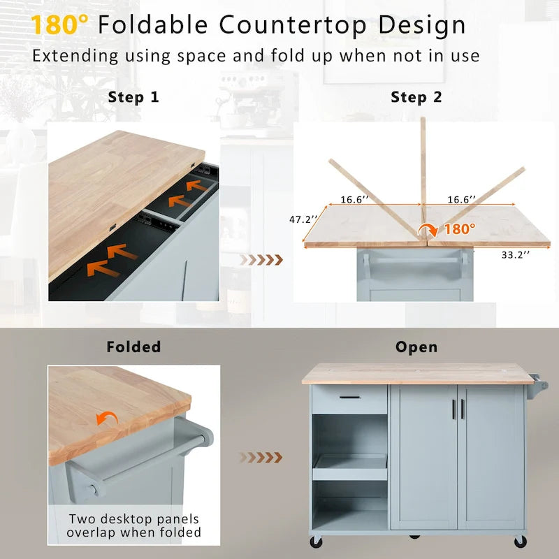 Kitchen Island with Foldable Counter Top, Storage Cart with Slide-Out Shelf, Towel Rack and Drawer, Rolling Wheels