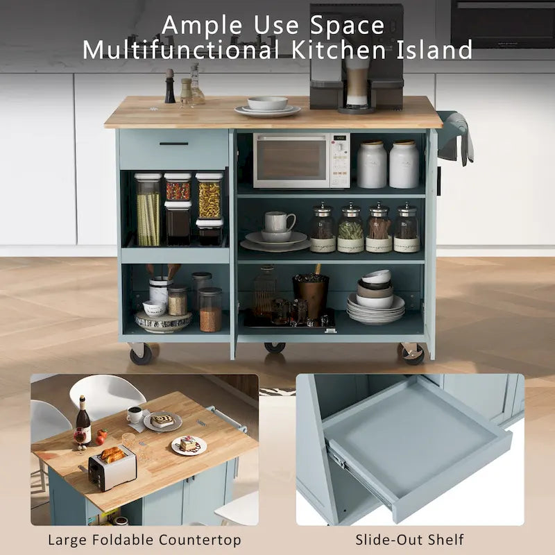 Kitchen Island with Foldable Counter Top, Storage Cart with Slide-Out Shelf, Towel Rack and Drawer, Rolling Wheels