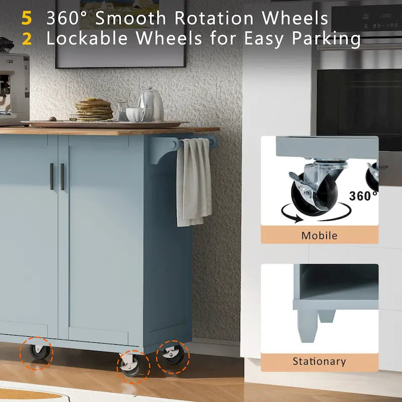Kitchen Island with Foldable Counter Top, Storage Cart with Slide-Out Shelf, Towel Rack and Drawer, Rolling Wheels