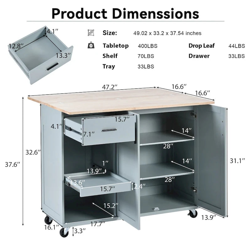 Kitchen Island with Foldable Counter Top, Storage Cart with Slide-Out Shelf, Towel Rack and Drawer, Rolling Wheels