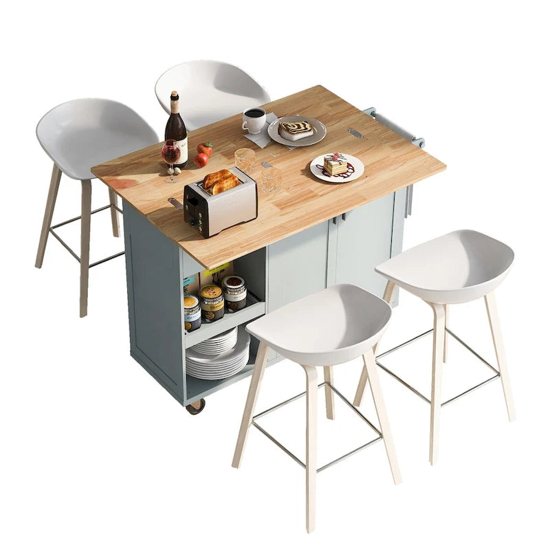 Kitchen Island with Foldable Counter Top, Storage Cart with Slide-Out Shelf, Towel Rack and Drawer, Rolling Wheels