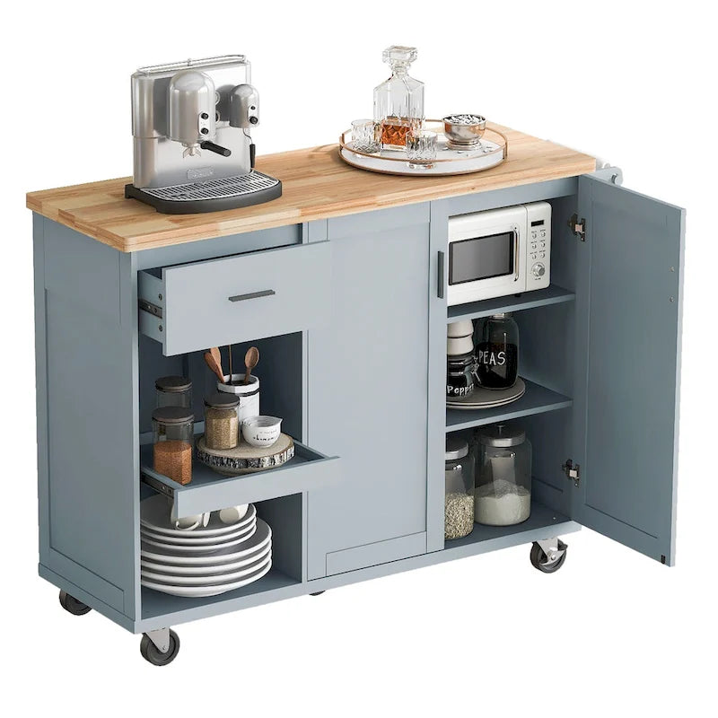 Kitchen Island with Foldable Counter Top, Storage Cart with Slide-Out Shelf, Towel Rack and Drawer, Rolling Wheels