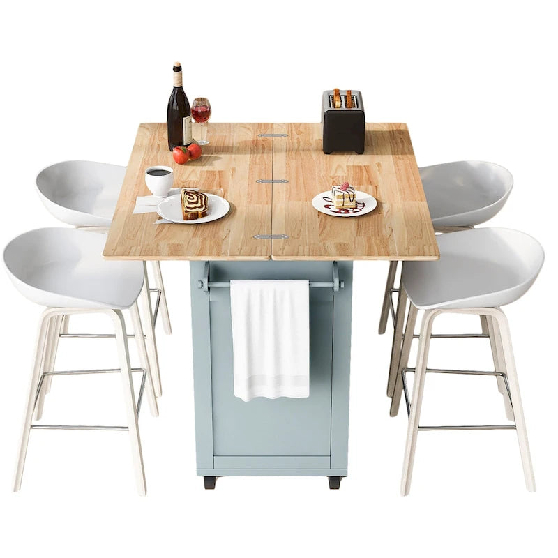 Kitchen Island with Foldable Counter Top, Storage Cart with Slide-Out Shelf, Towel Rack and Drawer, Rolling Wheels