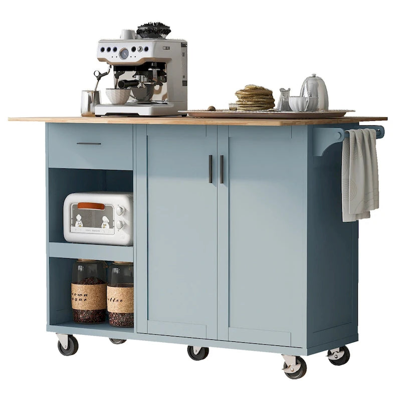 Kitchen Island with Foldable Counter Top, Storage Cart with Slide-Out Shelf, Towel Rack and Drawer, Rolling Wheels