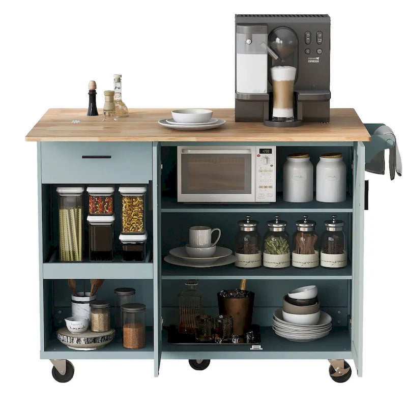 Kitchen Island with Foldable Counter Top, Storage Cart with Slide-Out Shelf, Towel Rack and Drawer, Rolling Wheels