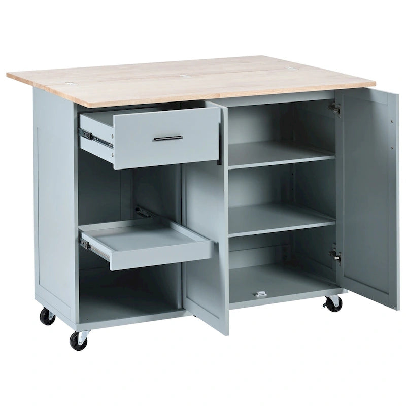 Kitchen Island with Foldable Counter Top, Storage Cart with Slide-Out Shelf, Towel Rack and Drawer, Rolling Wheels