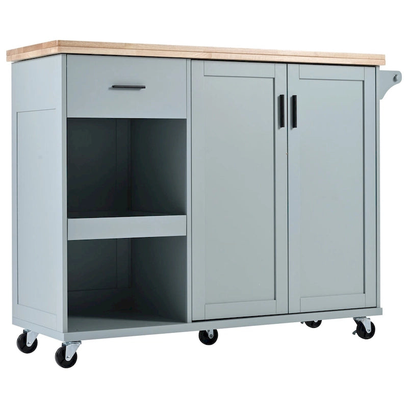 Kitchen Island with Foldable Counter Top, Storage Cart with Slide-Out Shelf, Towel Rack and Drawer, Rolling Wheels