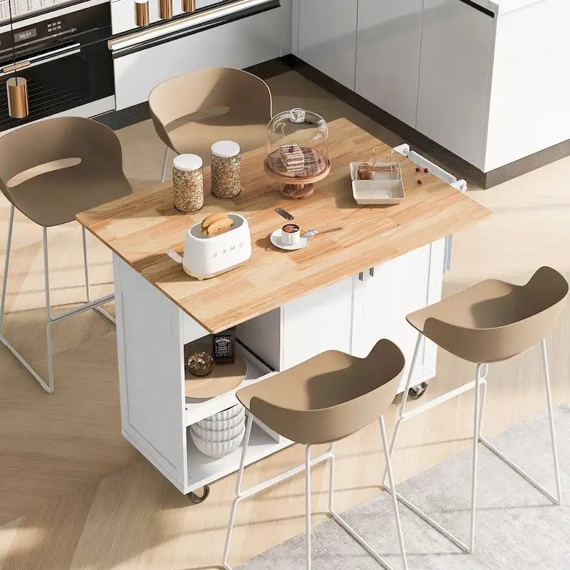 Kitchen Island with Foldable Counter Top, Storage Cart with Slide-Out Shelf, Towel Rack and Drawer, Rolling Wheels