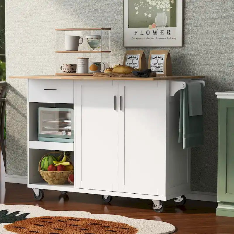 Kitchen Island with Foldable Counter Top, Storage Cart with Slide-Out Shelf, Towel Rack and Drawer, Rolling Wheels