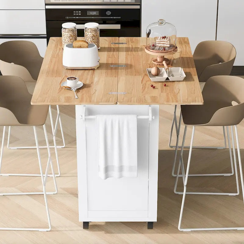 Kitchen Island with Foldable Counter Top, Storage Cart with Slide-Out Shelf, Towel Rack and Drawer, Rolling Wheels