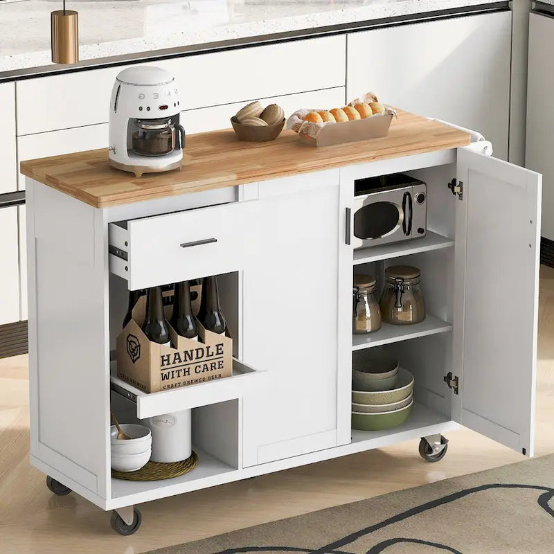 Kitchen Island with Foldable Counter Top, Storage Cart with Slide-Out Shelf, Towel Rack and Drawer, Rolling Wheels