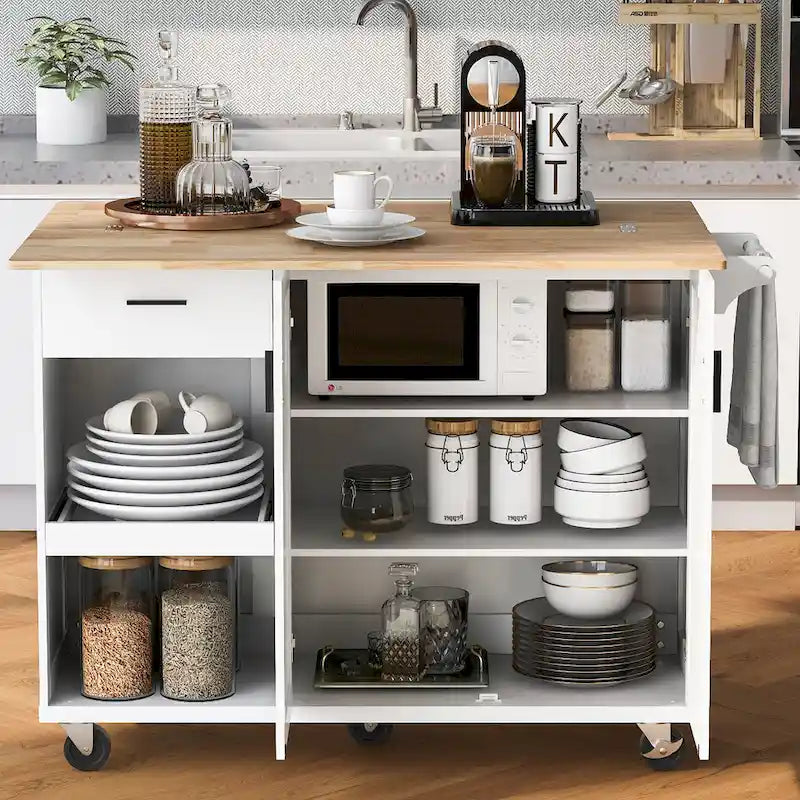 Kitchen Island with Foldable Counter Top, Storage Cart with Slide-Out Shelf, Towel Rack and Drawer, Rolling Wheels