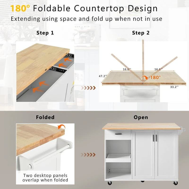 Kitchen Island with Foldable Counter Top, Storage Cart with Slide-Out Shelf, Towel Rack and Drawer, Rolling Wheels