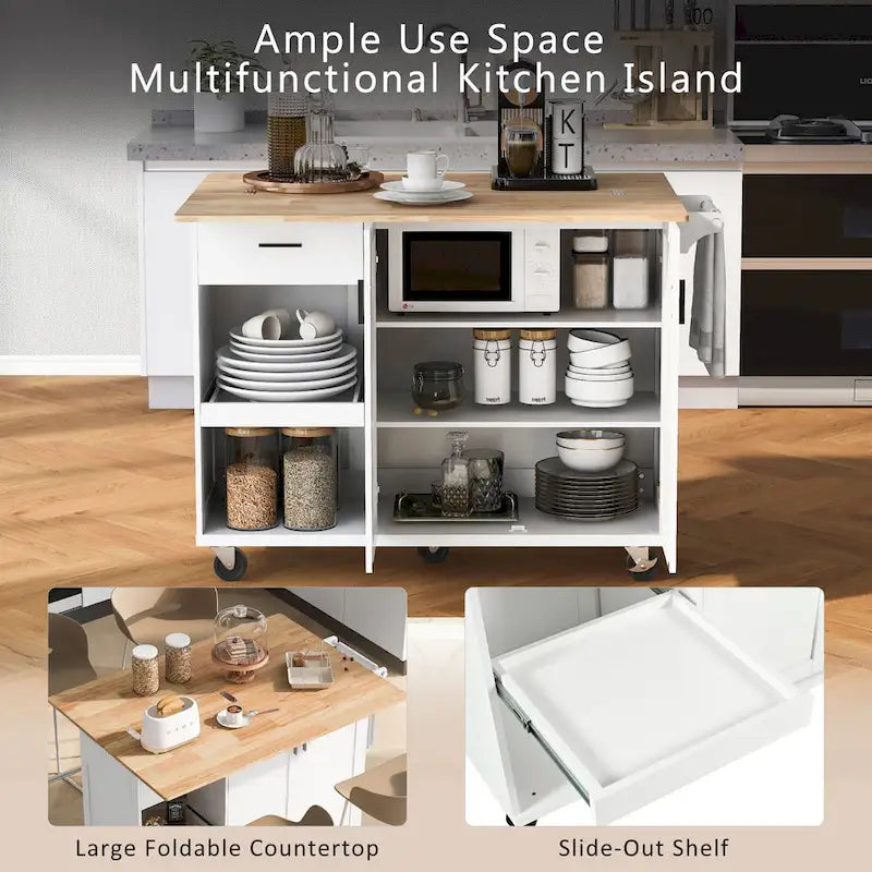 Kitchen Island with Foldable Counter Top, Storage Cart with Slide-Out Shelf, Towel Rack and Drawer, Rolling Wheels