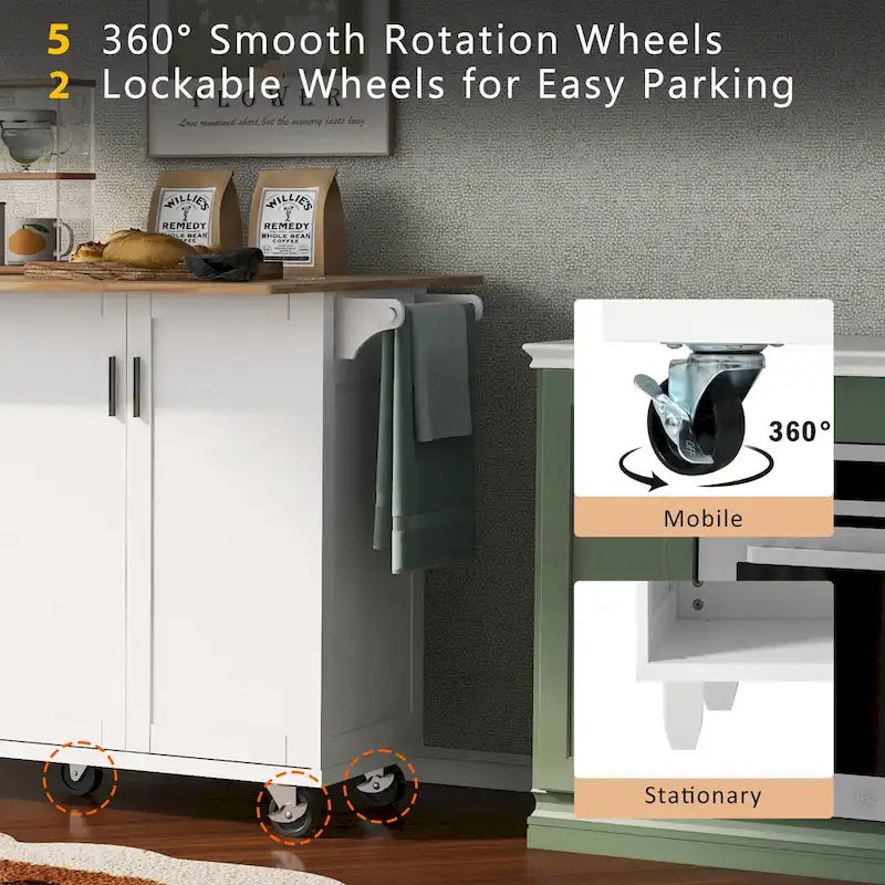 Kitchen Island with Foldable Counter Top, Storage Cart with Slide-Out Shelf, Towel Rack and Drawer, Rolling Wheels