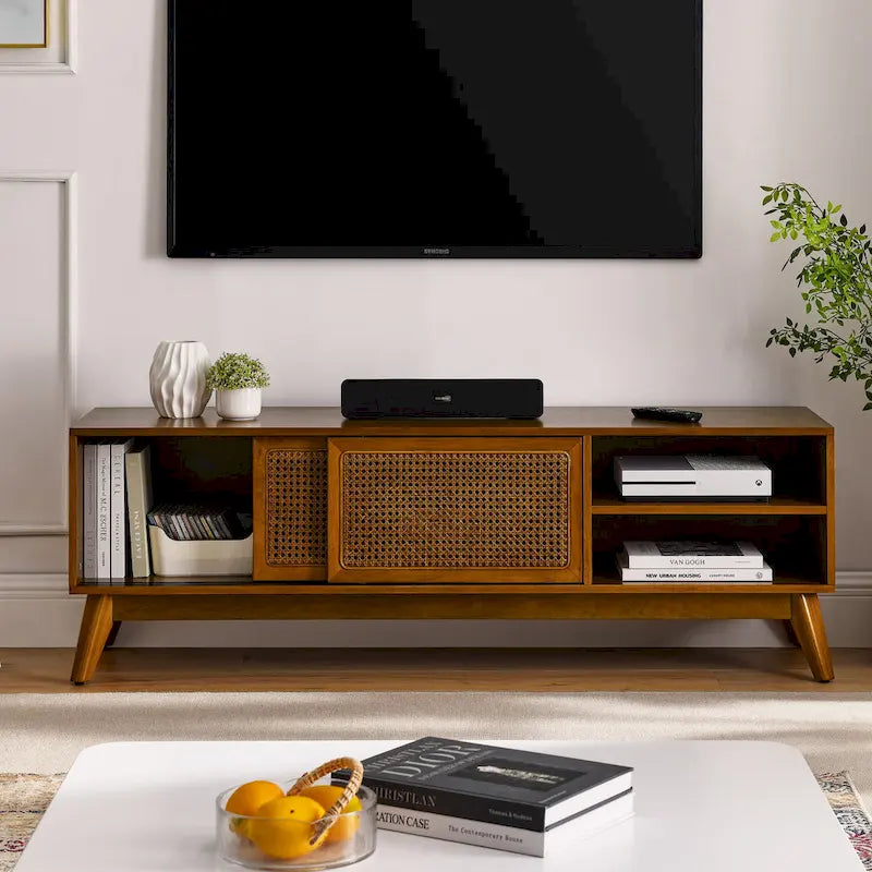 Vintage Rattan TV Cabinet with 2 Storage Cabinets and 4 Wooden Legs for Living Room, Bedroom and Office