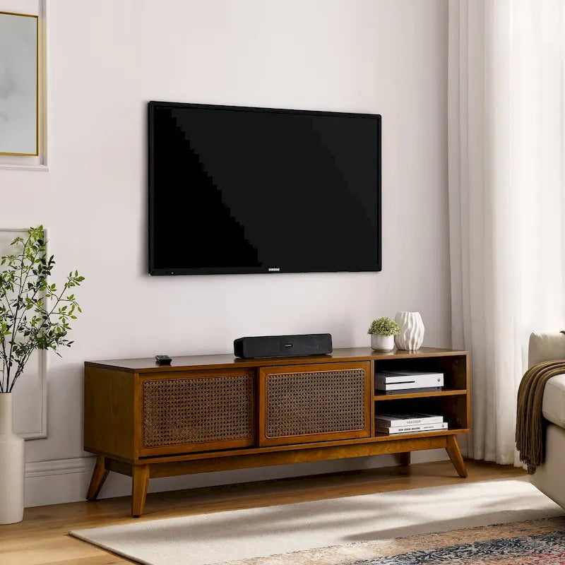 Vintage Rattan TV Cabinet with 2 Storage Cabinets and 4 Wooden Legs for Living Room, Bedroom and Office