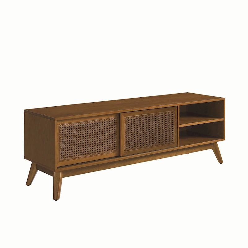 Vintage Rattan TV Cabinet with 2 Storage Cabinets and 4 Wooden Legs for Living Room, Bedroom and Office