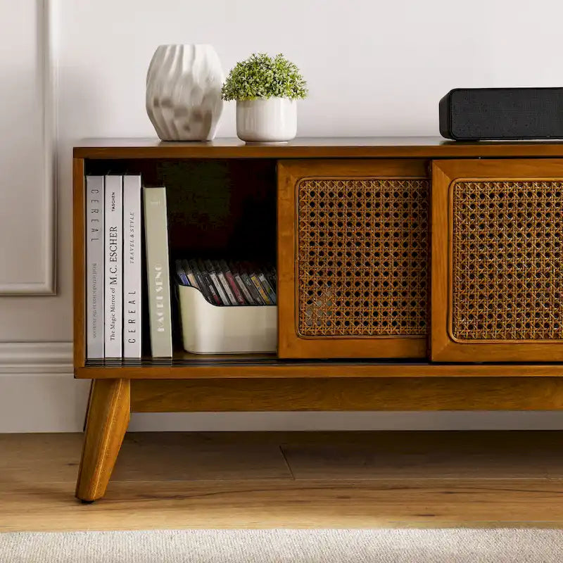 Vintage Rattan TV Cabinet with 2 Storage Cabinets and 4 Wooden Legs for Living Room, Bedroom and Office