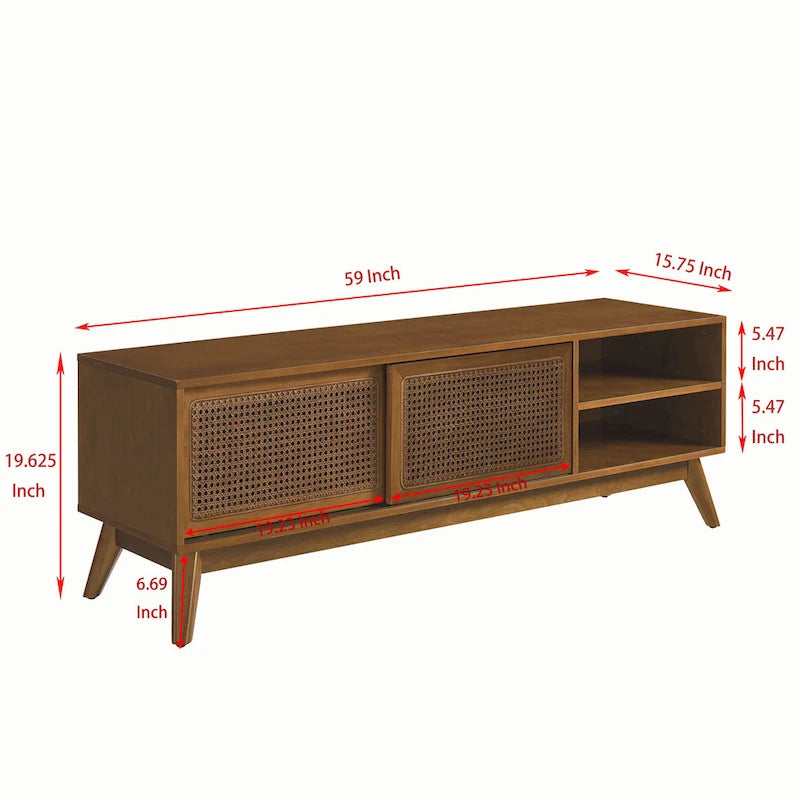 Vintage Rattan TV Cabinet with 2 Storage Cabinets and 4 Wooden Legs for Living Room, Bedroom and Office