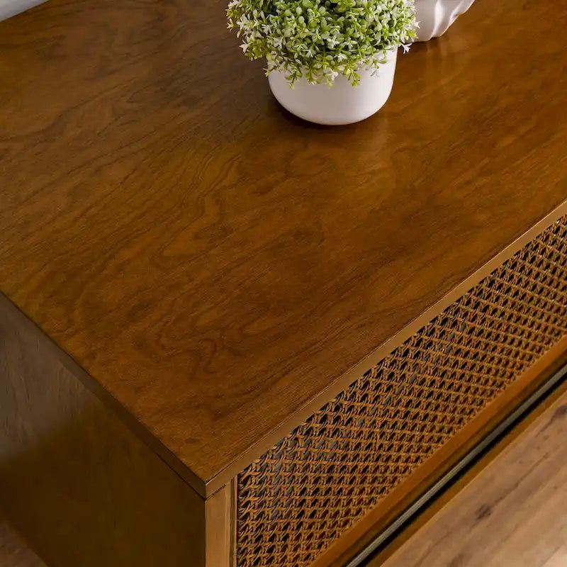 Vintage Rattan TV Cabinet with 2 Storage Cabinets and 4 Wooden Legs for Living Room, Bedroom and Office