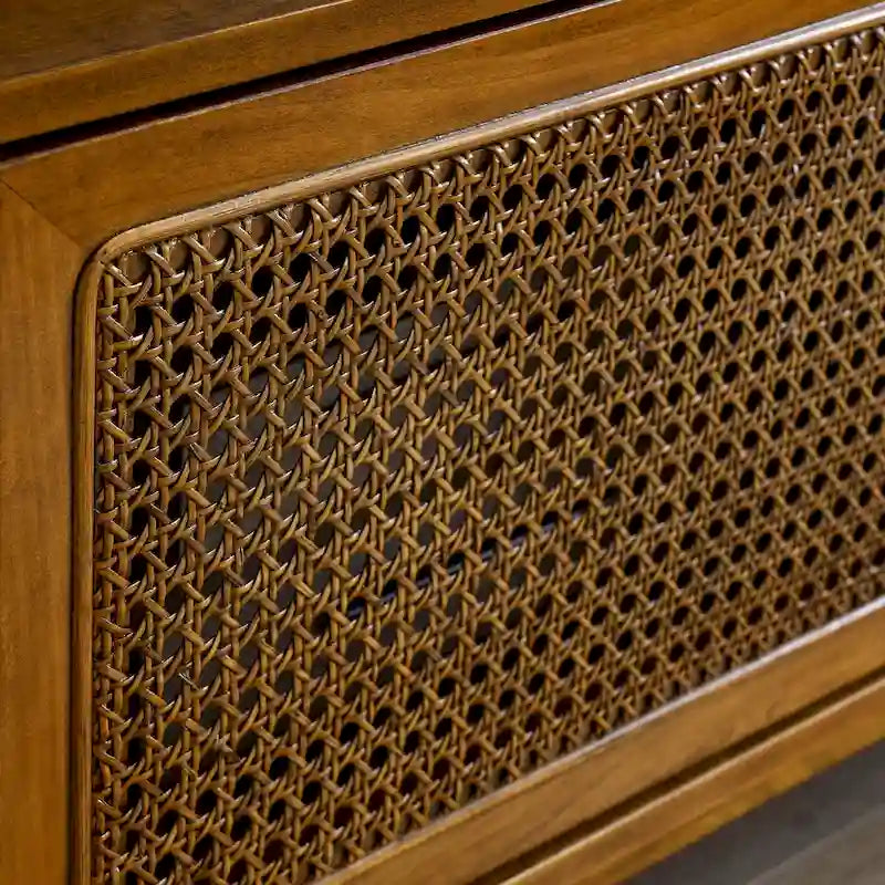 Vintage Rattan TV Cabinet with 2 Storage Cabinets and 4 Wooden Legs for Living Room, Bedroom and Office