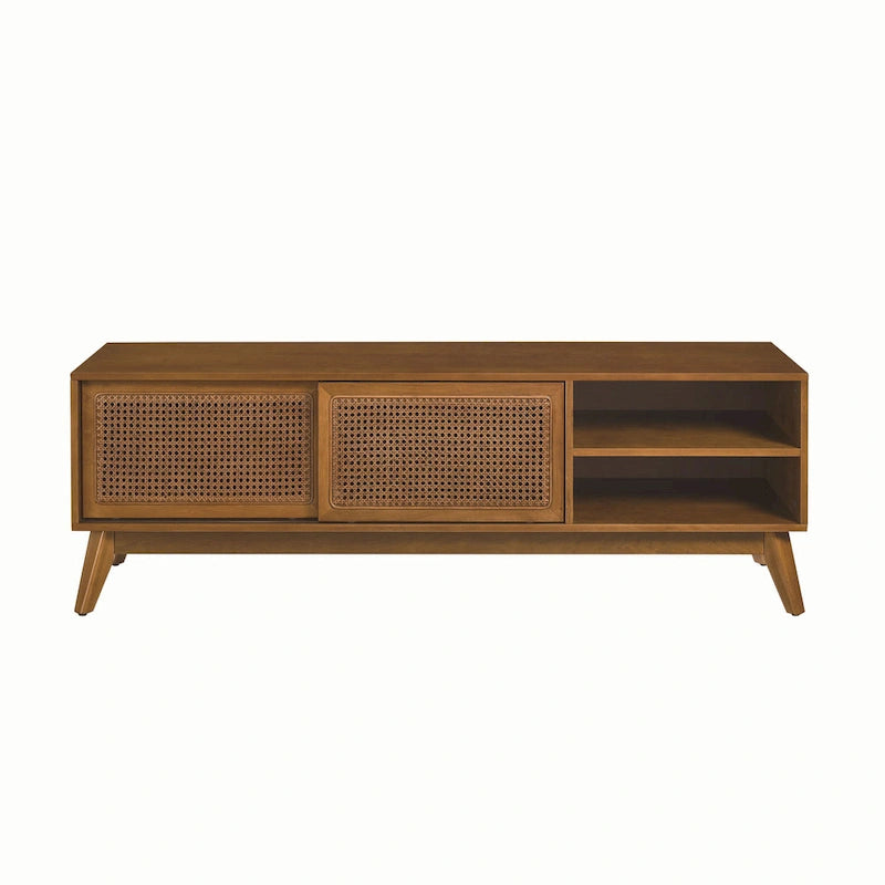 Vintage Rattan TV Cabinet with 2 Storage Cabinets and 4 Wooden Legs for Living Room, Bedroom and Office