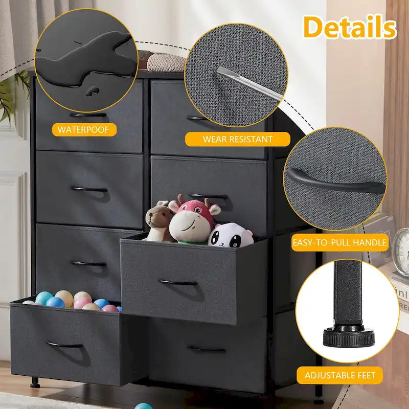 Stylish 8 Drawer Chest of Dressers for Bedroom, Tall Chest Organizer Tower with Wooden Top