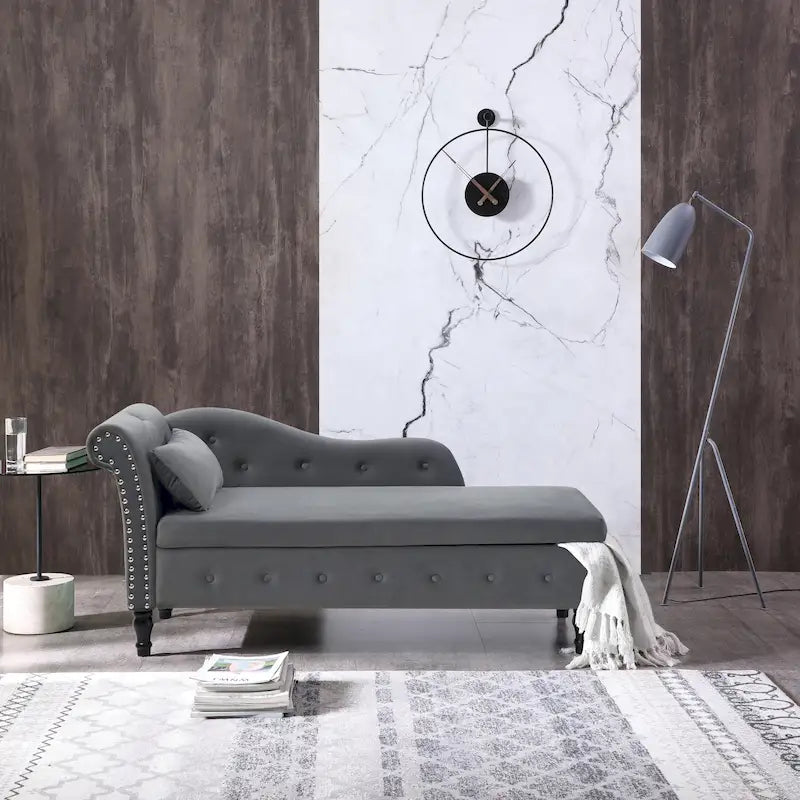 Grey Modern 60 Inch Velvet Upholstered Buttons Tufted Chaise Lounge Chair with Solid Wood Legs and Storage
