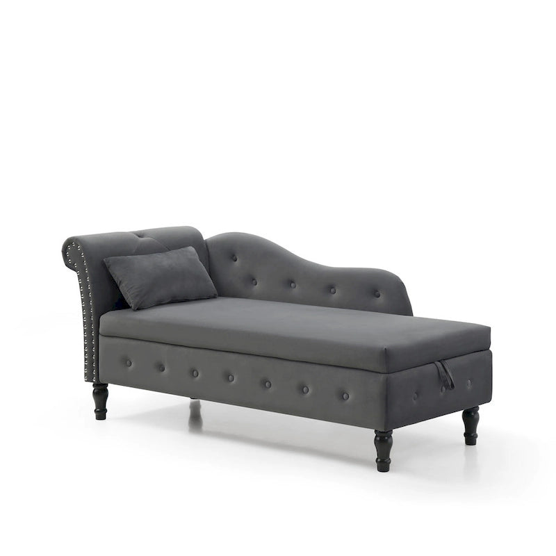 Grey Modern 60 Inch Velvet Upholstered Buttons Tufted Chaise Lounge Chair with Solid Wood Legs and Storage