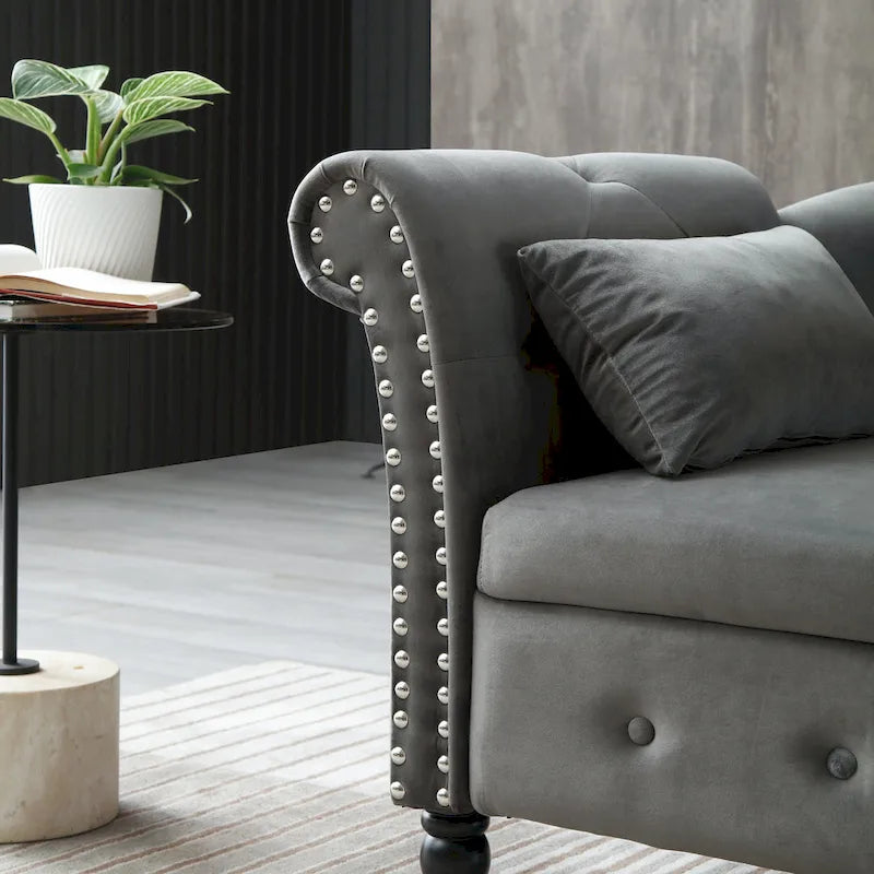 Grey Modern 60 Inch Velvet Upholstered Buttons Tufted Chaise Lounge Chair with Solid Wood Legs and Storage