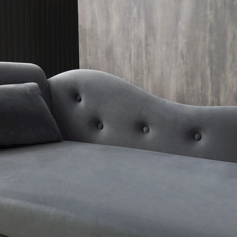 Grey Modern 60 Inch Velvet Upholstered Buttons Tufted Chaise Lounge Chair with Solid Wood Legs and Storage