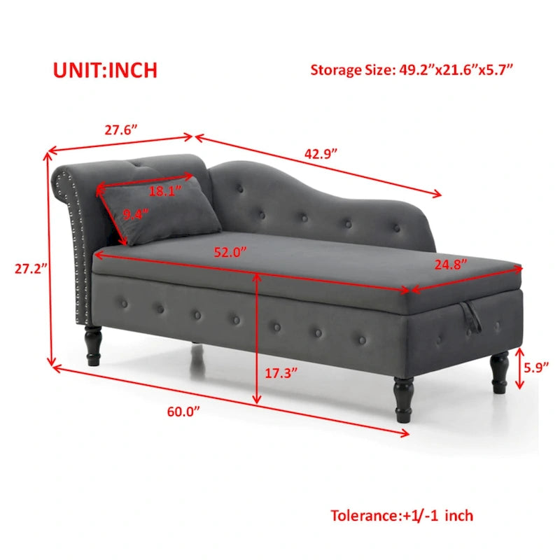 Grey Modern 60 Inch Velvet Upholstered Buttons Tufted Chaise Lounge Chair with Solid Wood Legs and Storage