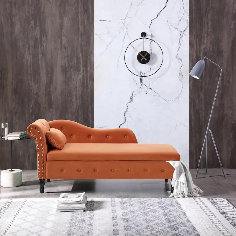 Orange Modern 60 Inch Velvet Upholstered Buttons Tufted Chaise Lounge Chair with Solid Wood Legs and Storage