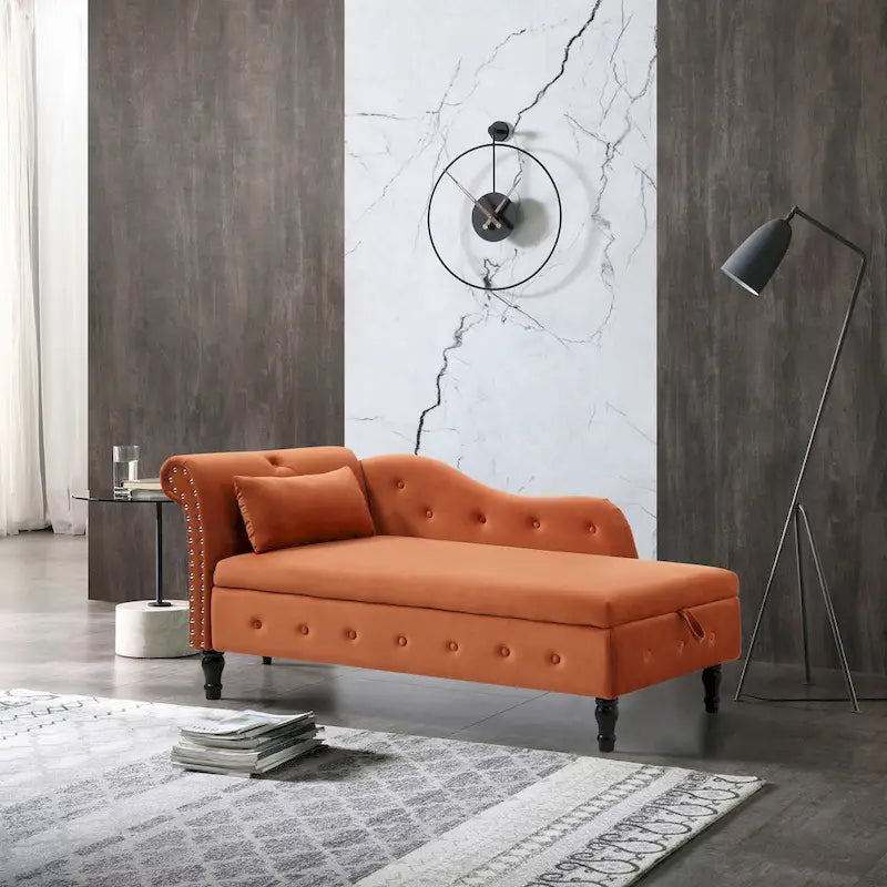 Orange Modern 60 Inch Velvet Upholstered Buttons Tufted Chaise Lounge Chair with Solid Wood Legs and Storage