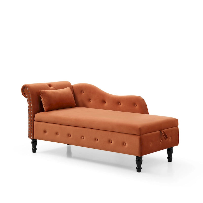 Orange Modern 60 Inch Velvet Upholstered Buttons Tufted Chaise Lounge Chair with Solid Wood Legs and Storage