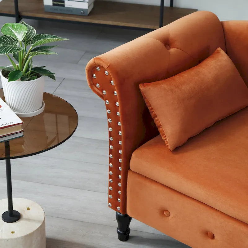 Orange Modern 60 Inch Velvet Upholstered Buttons Tufted Chaise Lounge Chair with Solid Wood Legs and Storage