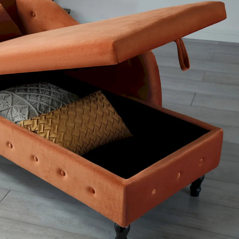 Orange Modern 60 Inch Velvet Upholstered Buttons Tufted Chaise Lounge Chair with Solid Wood Legs and Storage