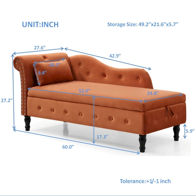 Orange Modern 60 Inch Velvet Upholstered Buttons Tufted Chaise Lounge Chair with Solid Wood Legs and Storage